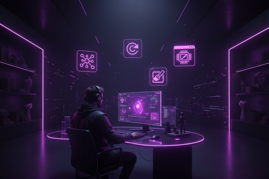 Best AI Tools for Content Creators in 2026 (That Are Actually Worth Using) dark bold modern SaaS aesthetic background, neon purple and pink accents, ai tools icons, content creator