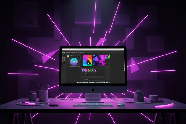 Canva Template Ideas That Actually Sell (and How to Price Them) dark bold aesthetic background, neon purple and pink accents, imac desktop mockup showing canva on screen
