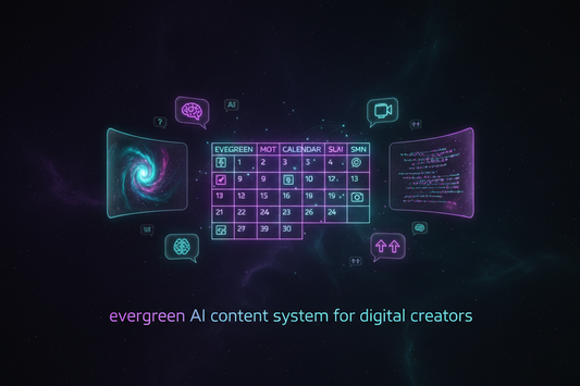 Purple and teal neon content calendar graphic representing an evergreen AI content strategy for digital creators, powered by AI tools.