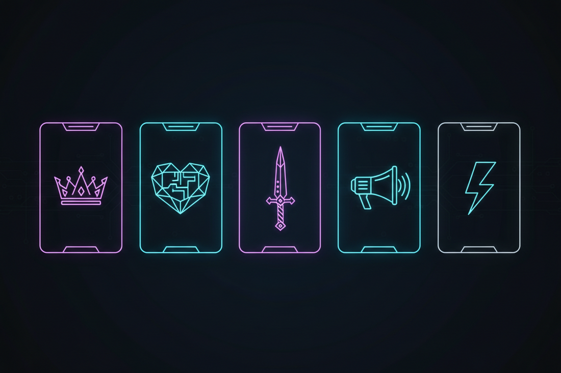 Dark neon banner showing five glowing cards representing different marketing archetypes from a brand personality quiz