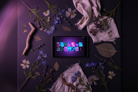 Dark, moody editorial flat lay — pressed wildflowers, dried botanicals and vintage linen scattered on a deep charcoal surface.