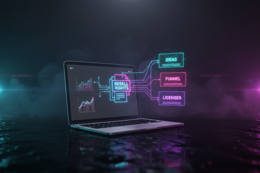 Dark neon laptop screen with glowing cards labelled ideas, funnel and licences, representing an ADHD creator learning master resell rights digital products for beginners.