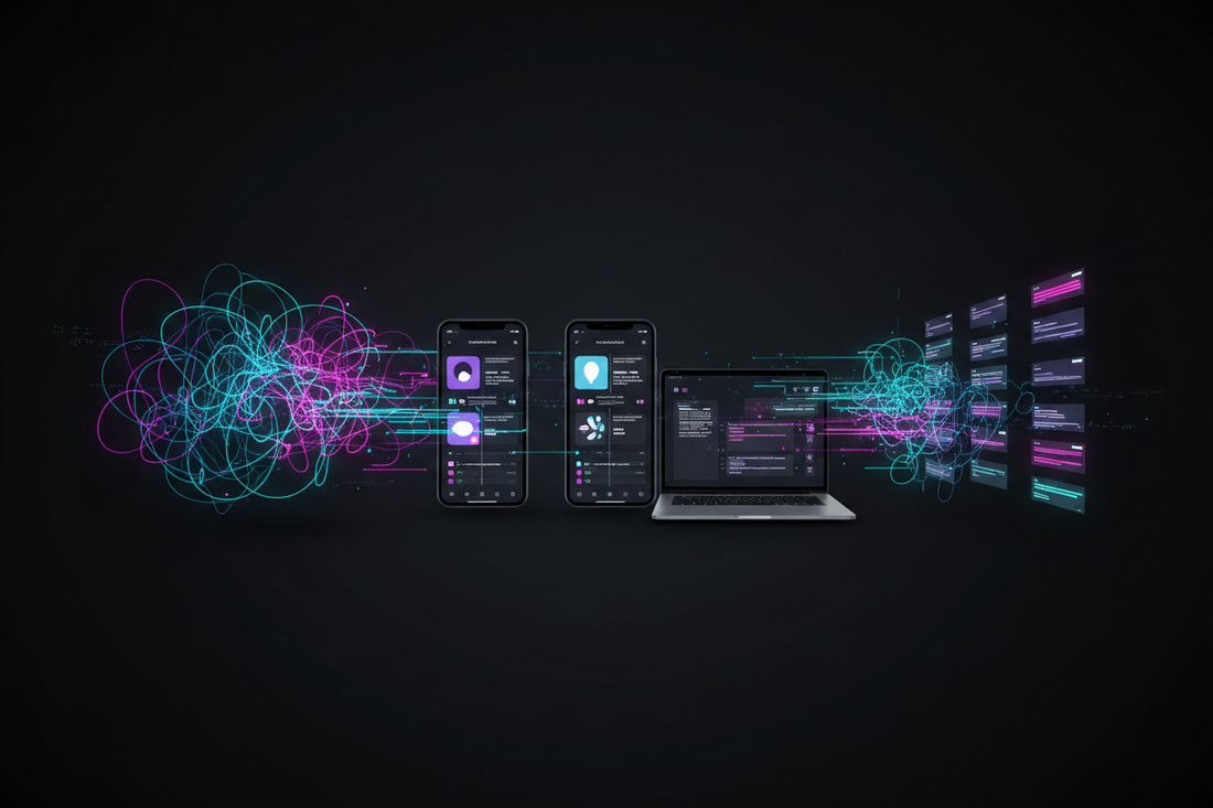 Dark neon banner showing chaotic ADHD scribbles turning into organised faceless short‑video timelines on a phone and laptop, with glowing cyan and magenta accents, representing AI helping creators script high‑converting faceless videos.