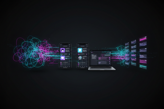 Dark neon banner showing chaotic ADHD scribbles turning into organised faceless short‑video timelines on a phone and laptop, with glowing cyan and magenta accents, representing AI helping creators script high‑converting faceless videos.