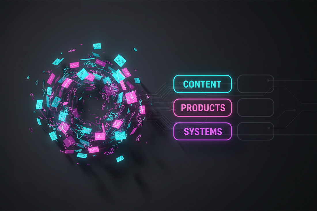 Dark neon banner showing ADHD idea chaos turning into organised digital content, products and systems cards with glowing cyan and magenta accents, representing ADHD‑friendly AI prompts on low brain power.