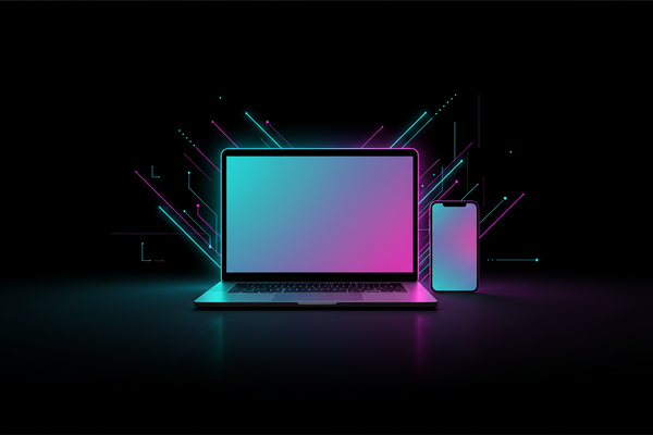 How to Sell Digital Products With No Audience (Yes, Really) dark neon blog banner, macbook pro and iphone