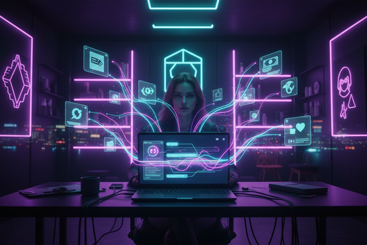 Dark neon image of a creator using ChatGPT on a laptop, with floating icons symbolising online income streams from AI prompts