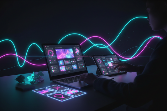 Dark neon desktop scene with laptop and tablet showing organised digital product dashboards, glowing cyan and magenta accents, sticky notes turning into neat digital cards, symbolising an ADHD creator streamlining ideas into products.