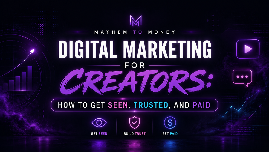 Digital Marketing for Creators Mayhem to Money blog banner with dark premium branding and neon purple creator business theme