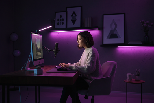 How to Batch a Month of Instagram Content in One Afternoon dark background neon purple pink accents, aesthetic sahm working at imac