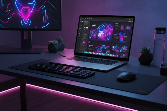 How to make money selling Canva templates. Dark neon MacBook Pro canva templates design on the screen. 