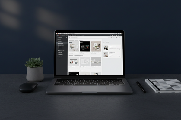 How to Sell Digital Products on Pinterest. Dark background, macbook desktop showing Pinterest feed.