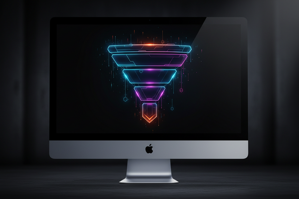 How to Sell on Systeme.io for Beginners (Full Setup Walkthrough) dark bold aesthetic funnel diagram mockup imac desktop
