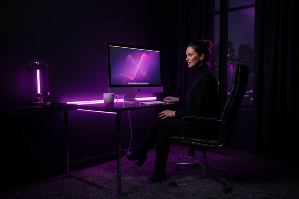 How to Start an MRR Business From Scratch in 2026 dark aesthetic background neon purple pink accents, gradient pops, imac desktop sahm working in home office