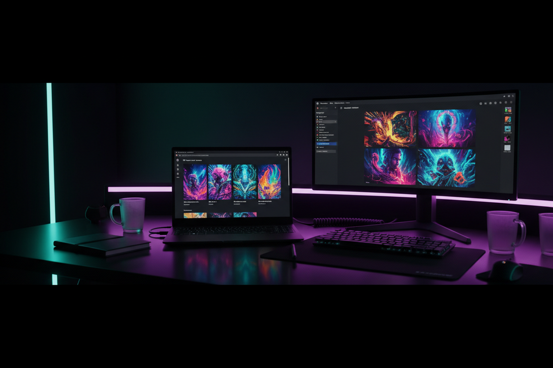 Dark neon home studio scene with a laptop showing colourful AI art Pins on Pinterest and an AI image generator interface, matching a dark-theme AI Pinterest marketing blog.