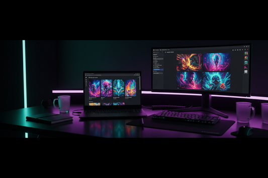 Dark neon home studio scene with a laptop showing colourful AI art Pins on Pinterest and an AI image generator interface, matching a dark-theme AI Pinterest marketing blog.