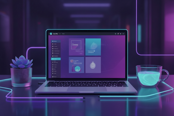 A flat lay styled desktop scene in dark glowing purple and cyan tones featuring a laptop open to a Canva design screen, a small potted succulent, and a coffee mug. The overall vibe is dark modern glassmorphism aesthetic, and creative-entrepreneur.