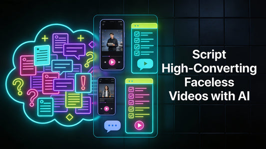 Dark neon faceless video banner showing ADHD idea chaos transforming into organised AI-scripted short video content for creators.