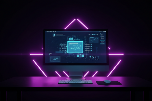 What to Sell as a Digital Product (When You Have No Idea Where to Start) dark background, imac, neon purple and pink accents