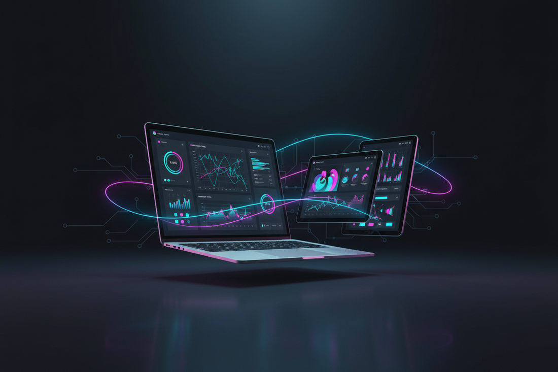 Dark neon hero image of floating laptop and tablet on a charcoal background with glowing cyan, magenta and violet accents showing digital product dashboards and mockups, futuristic AI light trails, no people.