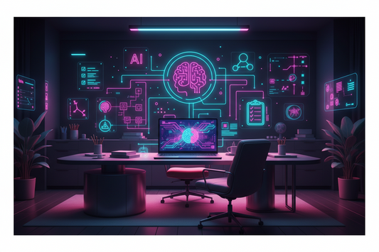 Dark neon banner showing an organised AI content system for ADHD creators, with a laptop, floating icons and glowing workflow lines connecting ideas for the week.