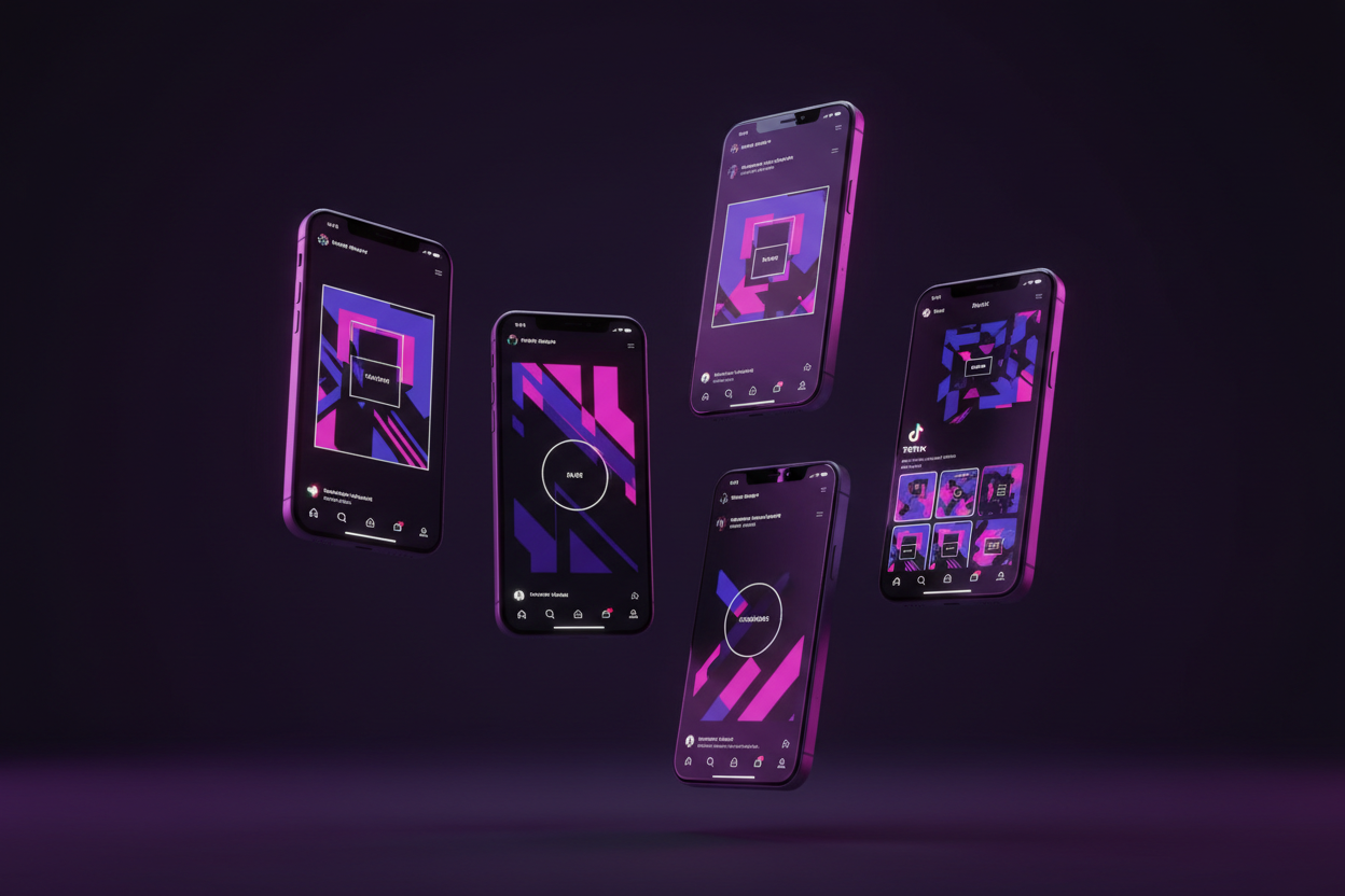Dark background with neon violet and hot pink lighting, floating phone screens displaying Instagram posts, TikTok covers and Reel templates in aesthetic layouts, scroll-stopping visual energy