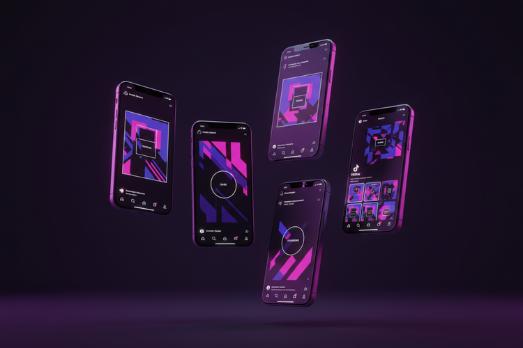 Dark background with neon violet and hot pink lighting, floating phone screens displaying Instagram posts, TikTok covers and Reel templates in aesthetic layouts, scroll-stopping visual energy