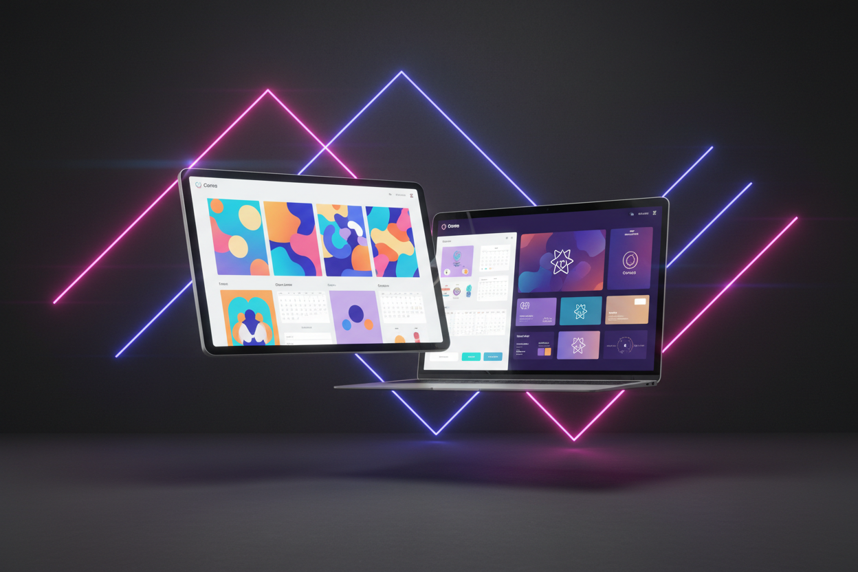 Dark charcoal background, glowing neon pink and violet accents, floating tablet and laptop screens displaying colourful editable Canva template designs