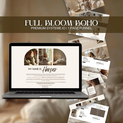 Laptop displaying a systeme.io funnel template with 'Full Bloom Boho' branding and product images.